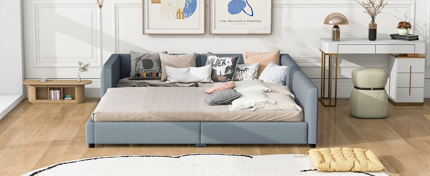 Queen Size & Twin XL Size Upholstered Platform Bed, Mother & Child Bed, PU Leather, Gray - Atlantic Fine Furniture Melbourne FL