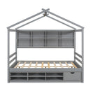 Full House Bed with Roof Frame, Bedside-shelves, Under Bed Storage Unit,Grey