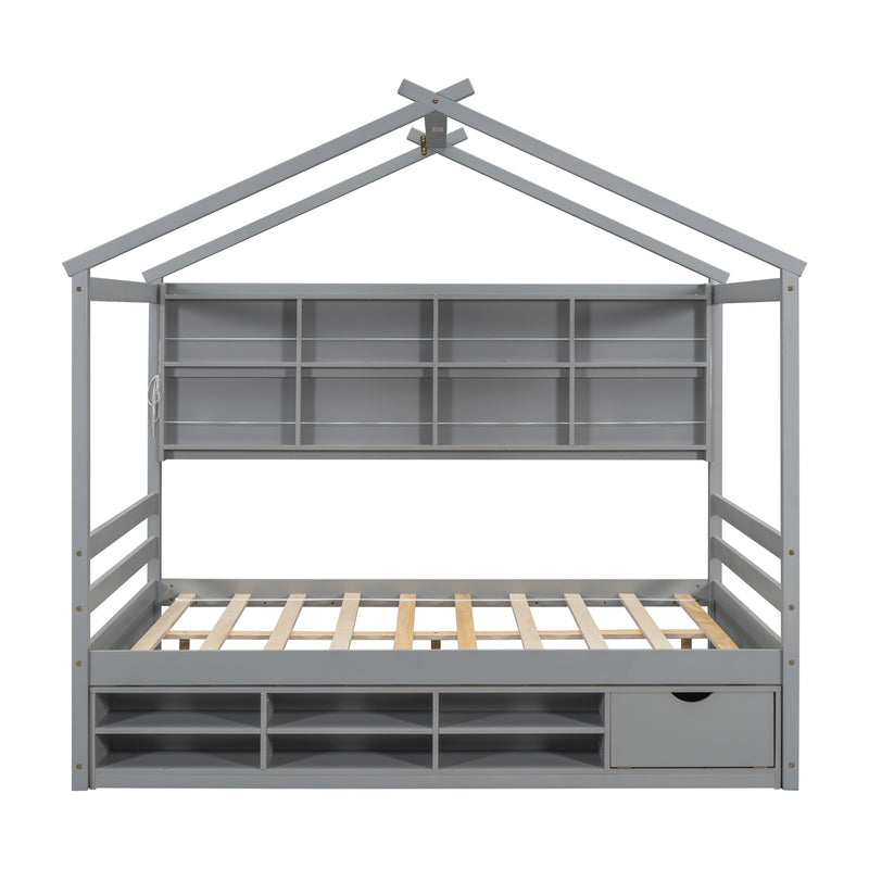 Full House Bed with Roof Frame, Bedside-shelves, Under Bed Storage Unit,Grey