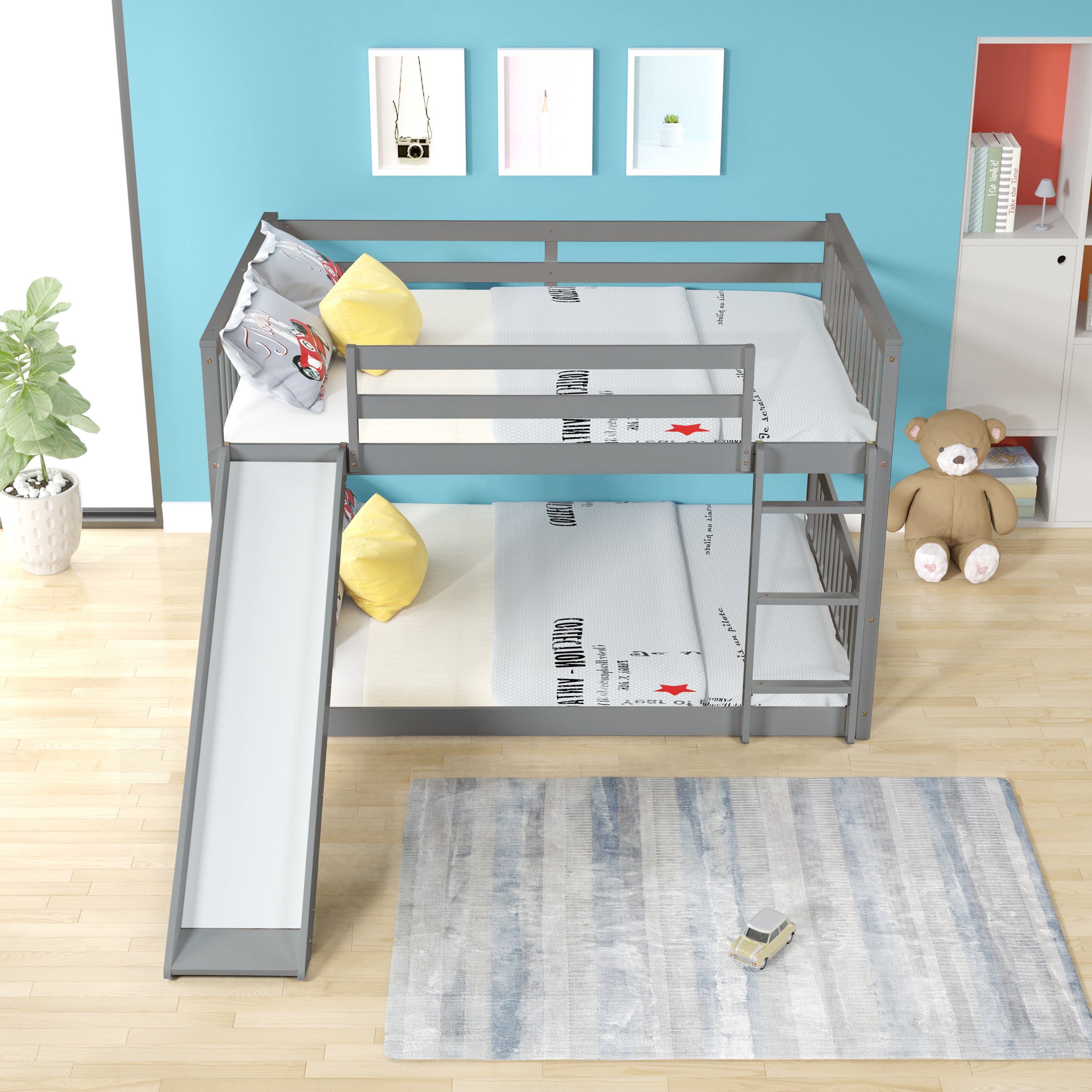 Full over Full Bunk Bed with Slide and Ladder in Grey Color