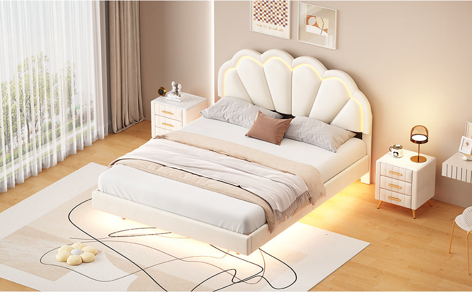 Queen Upholstered Smart LED Bed Frame with Elegant Flowers Headboard,Floating Velvet Platform LED Bed with Wooden Slats Support,Beige - Atlantic Fine Furniture Melbourne FL
