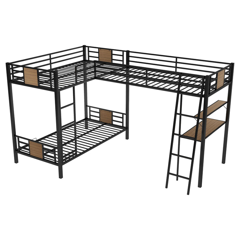 L-Shaped Twin Over Twin Bunk Bed With Twin Size Loft Bed With Desk And Shelf - Brown