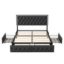 Queen Upholstered Bed Frame with 4 Storage Drawers, PU Leather Platform Bed with LED Headboard, No Box Spring Needed, Black