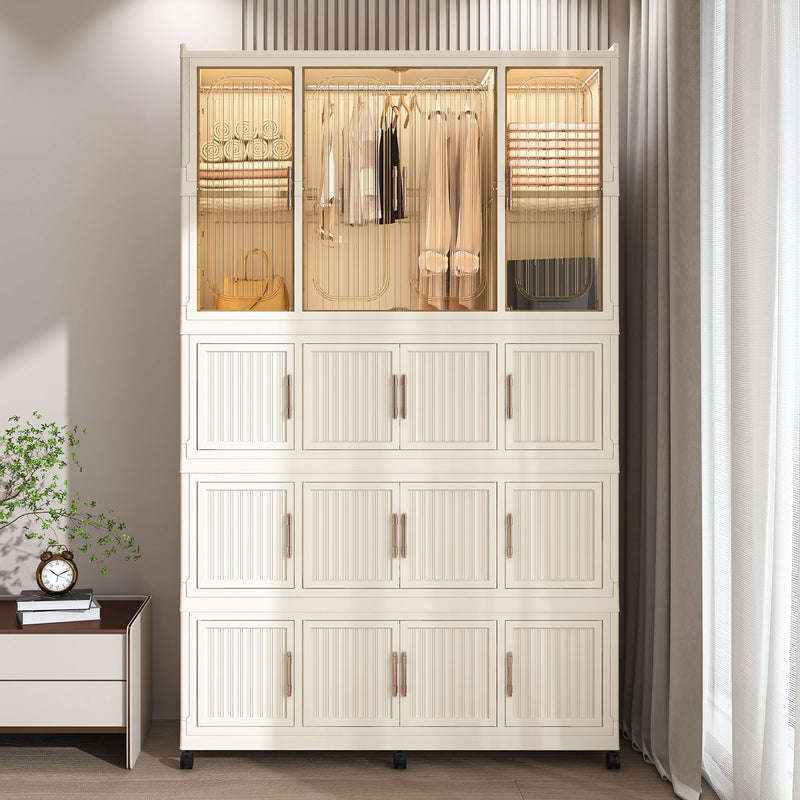 Portable Wardrobe Closet Storage Organizer With Magnetic Doors, Polypropylene - Cream White