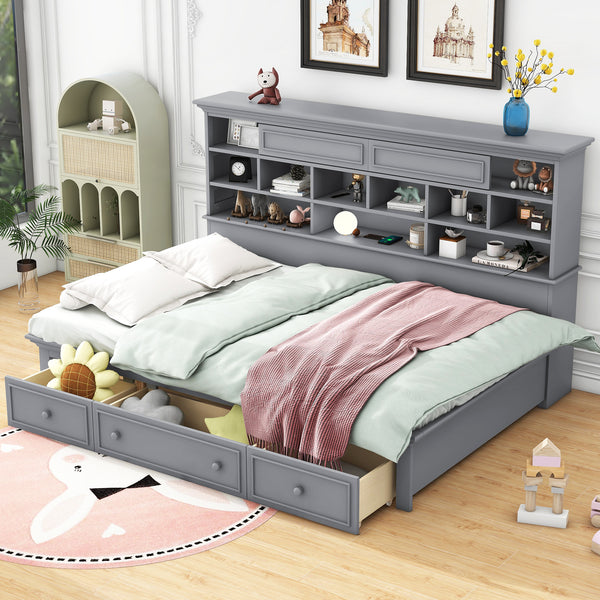 Twin Size Wood Daybed with Multi-Storage Shelves, Charging Station and 3 Drawers, Gray