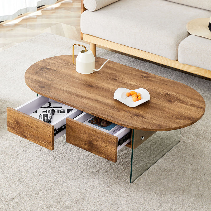 Elegant Coffee Table With Double Drawers And Transparent Glass Sides - Wood