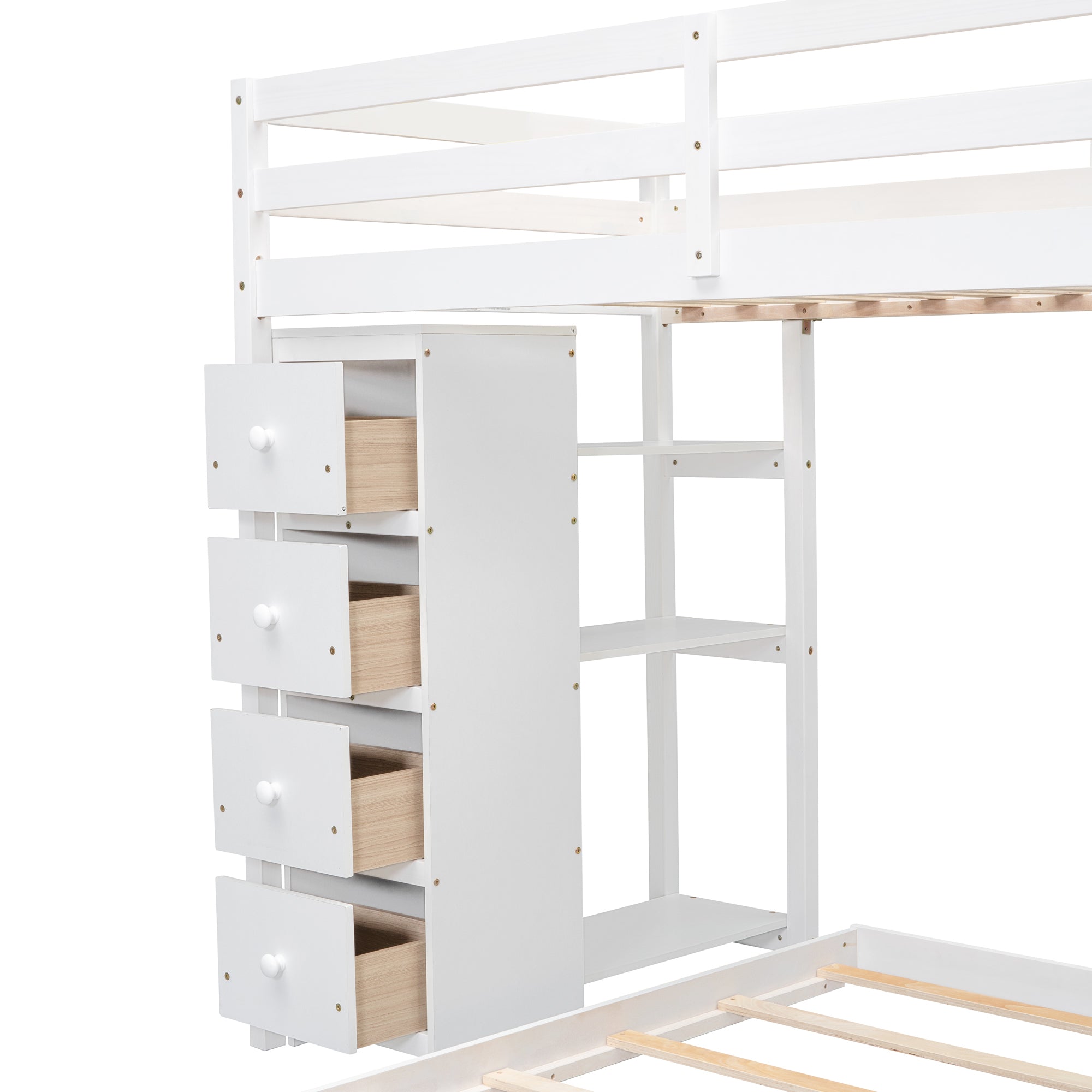 Twin Over Full Bunk Bed with 3-layer Shelves, Drawers and Storage Stairs, White - Atlantic Fine Furniture Melbourne FL