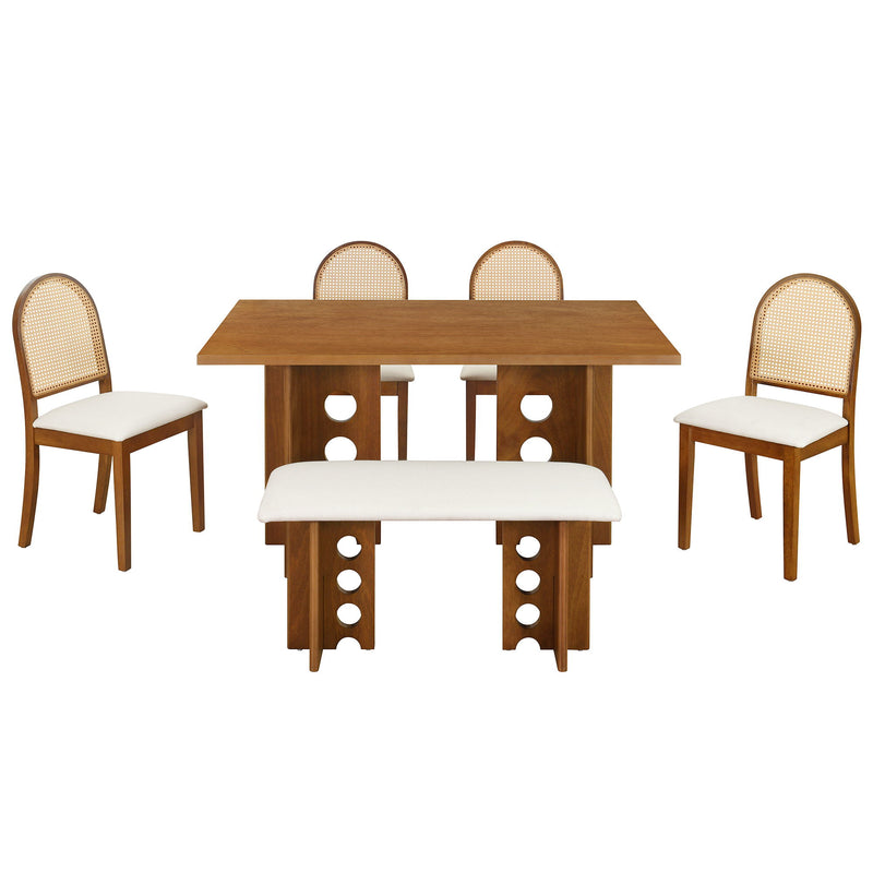 Modern Double Pedestal 6 Piece Dining Table Set, 4 Upholstered Rattan Back Dining Chairs And Bench