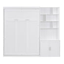 Full Size Murphy Bed With Multiple Storage Shelves And A Cabinet - White