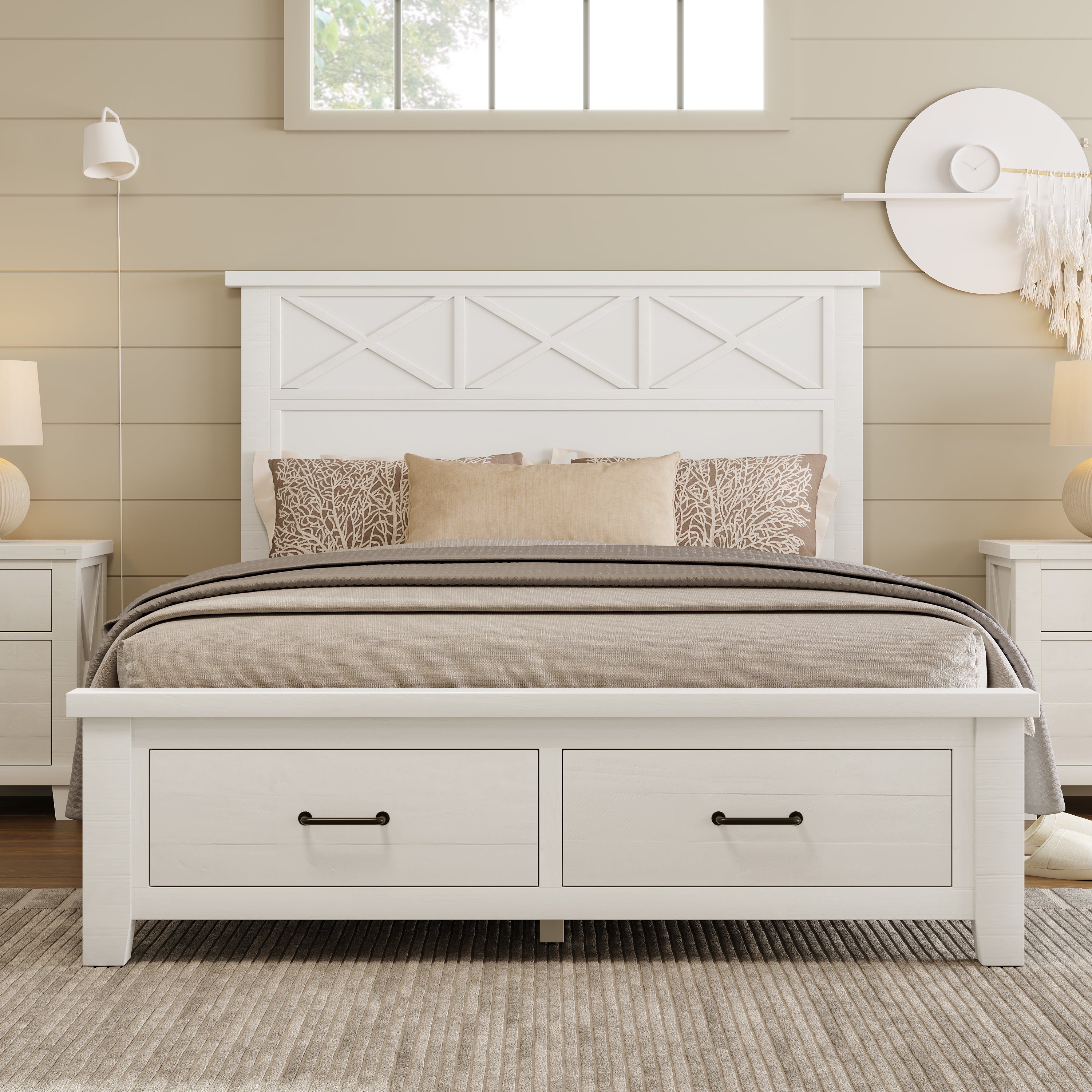 Rustic Farmhouse Style Whitewash Queen Storage Panel Bed with Two Drawers, White(old sku:BS301592AAK) - Atlantic Fine Furniture Melbourne FL