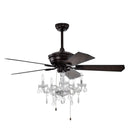 52" Crystal Shade Ceiling Fan Lamp, 3 Speed, 4 Timing, 5 Reversible Blades Crystal Ceiling Fan, 5 Pieces X E12 (No Include Bulb), Hand Pull Chain - Matte Black