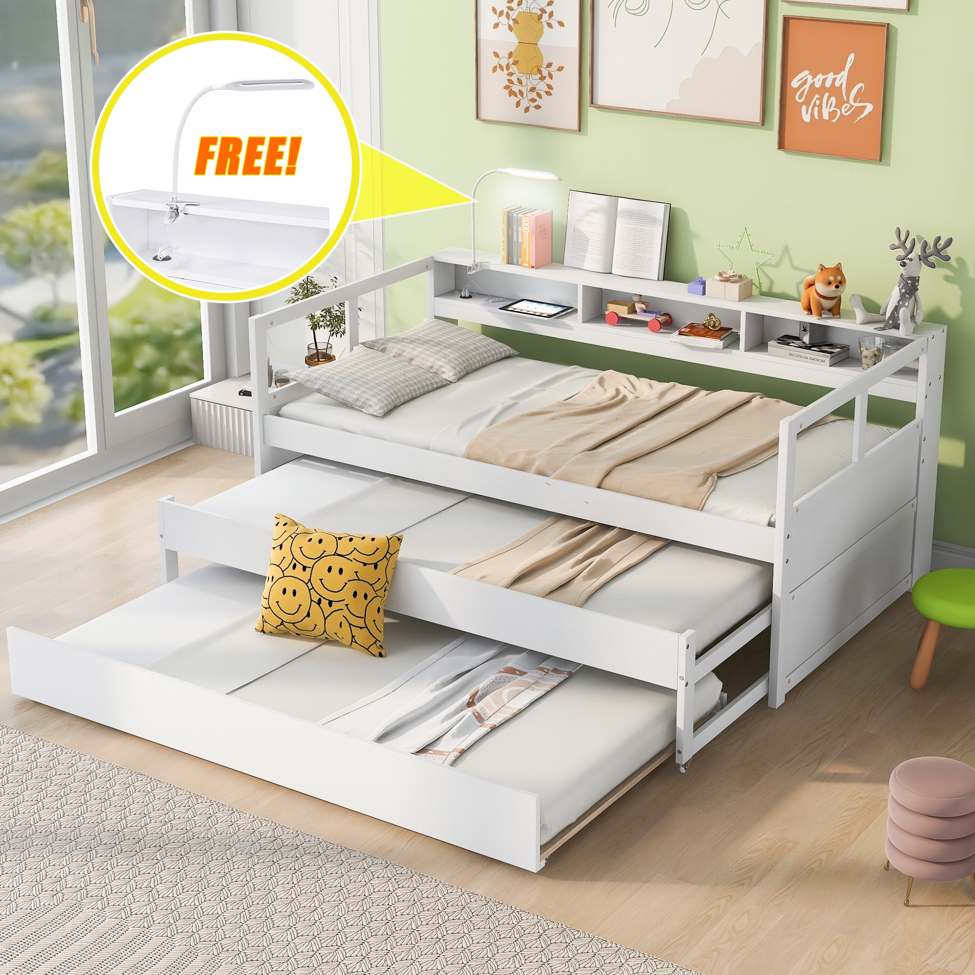 Twin XL Wood Daybed with 2 Trundles, 3 Storage Cubbies, 1 Light for Free and USB Charging Design, White - Atlantic Fine Furniture Melbourne FL