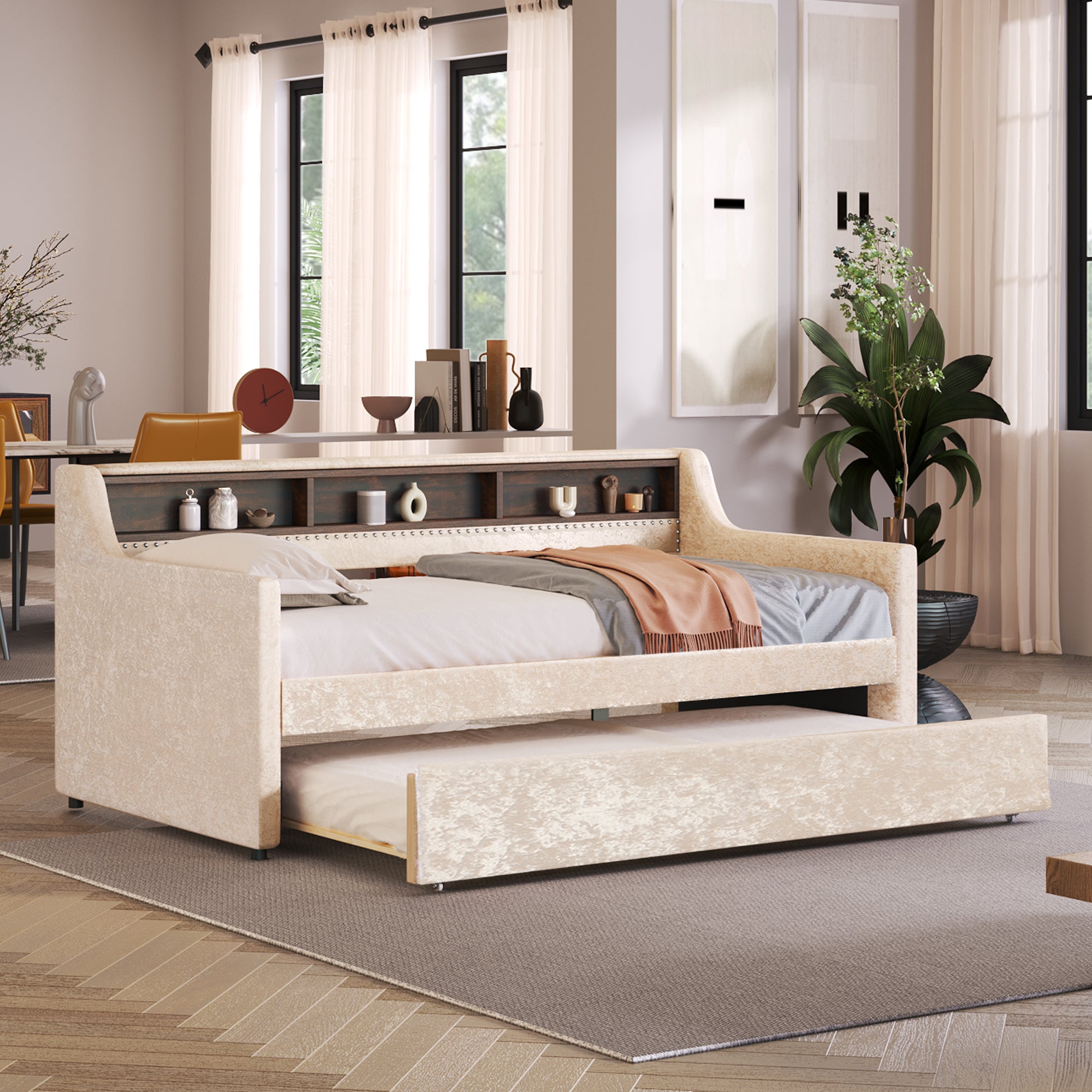 Twin Size Snowflake Velvet Daybed with Trundle and Built-in Storage Shelves,Beige - Atlantic Fine Furniture Melbourne FL