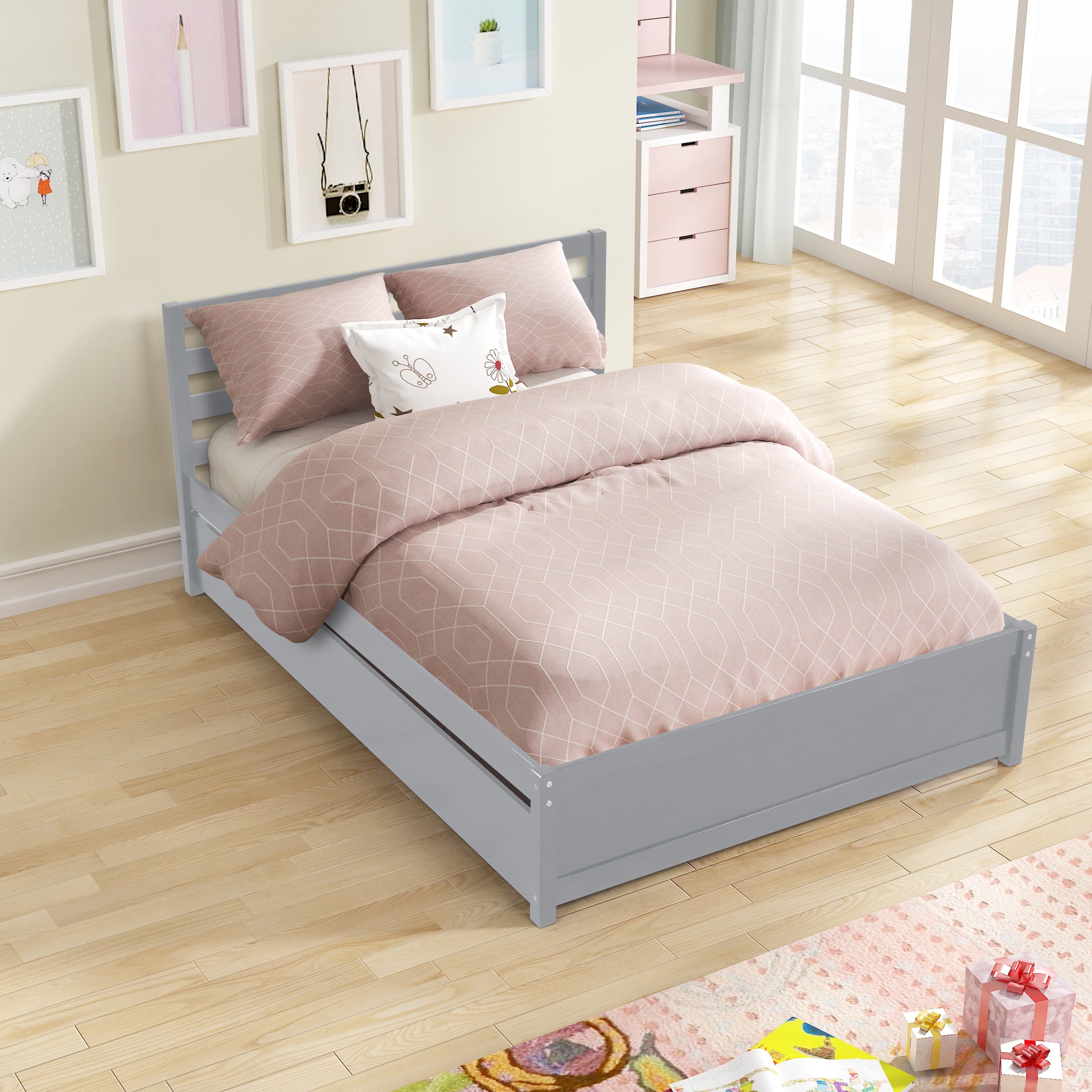 Full Size Wood Platform Bed Frame with Headboard and Twin Trundle For Grey Color - Atlantic Fine Furniture Melbourne FL