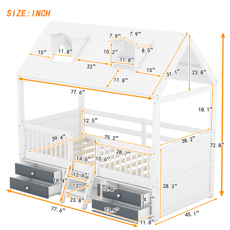 Twin Size Wood Bed House Bed Frame,White