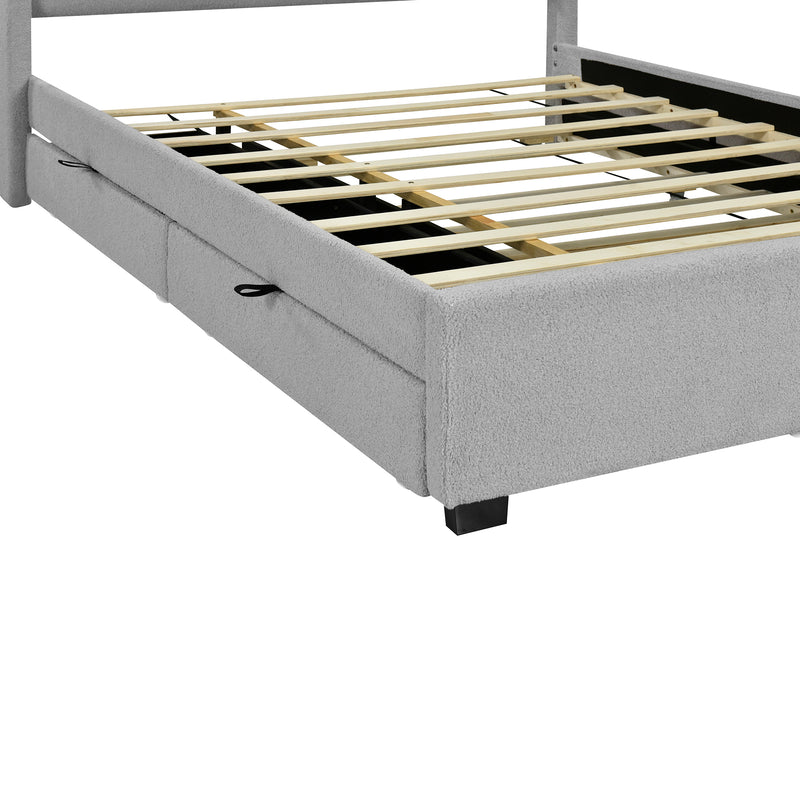 Full Size Upholstered Platform Bed with LED Frame, with Twin  Size Trundle and 2 drawers, Teddy Fleece, Gray