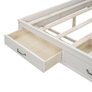 Full Size Wooden Daybed with 3 Storage Drawers, Upper Soft Board, shelf, and a set of Sockets and USB Ports, White
