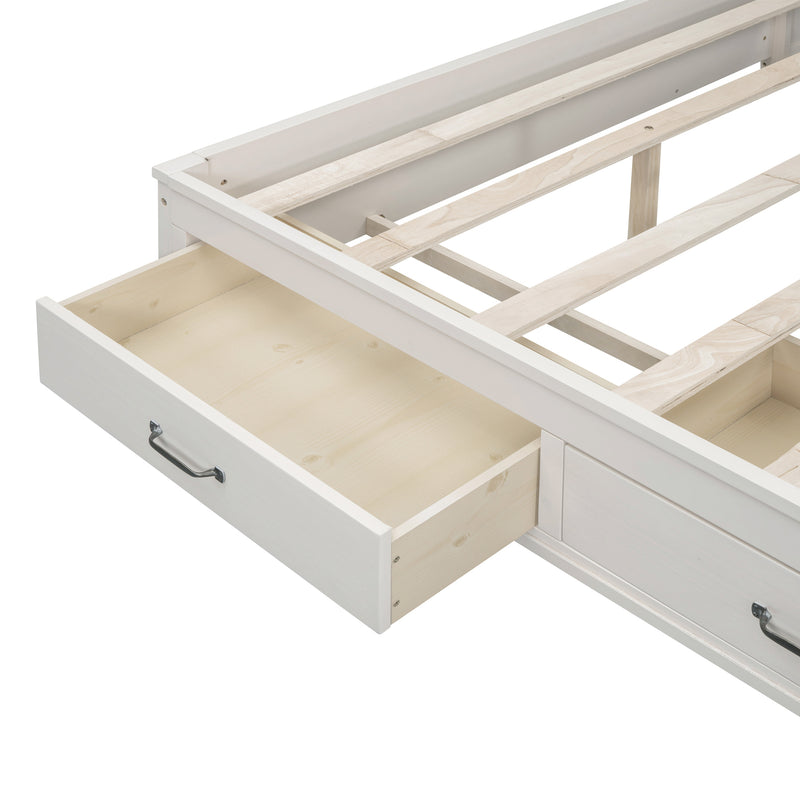 Full Size Wooden Daybed with 3 Storage Drawers, Upper Soft Board, shelf, and a set of Sockets and USB Ports, White