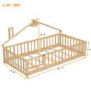 Twin House-Shaped Bedside Floor Bed with Guardrails, Slats, with Door,Natural