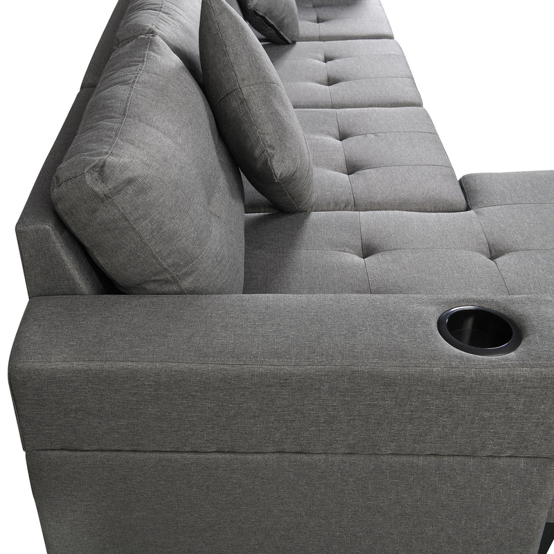Modern Sectional Sofa Set With L Shape Chaise Lounge, Cup Holder, 4 Seat - Gray