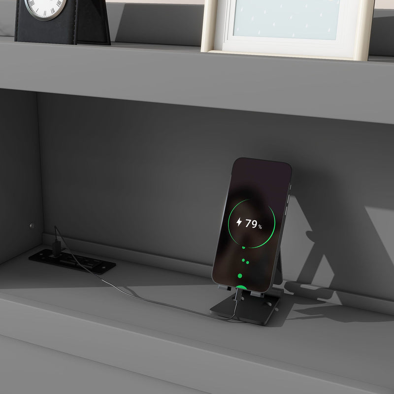 Full Size Platform Bed With Trundle, Drawers, USB Ports And Built In Shelves - Gray