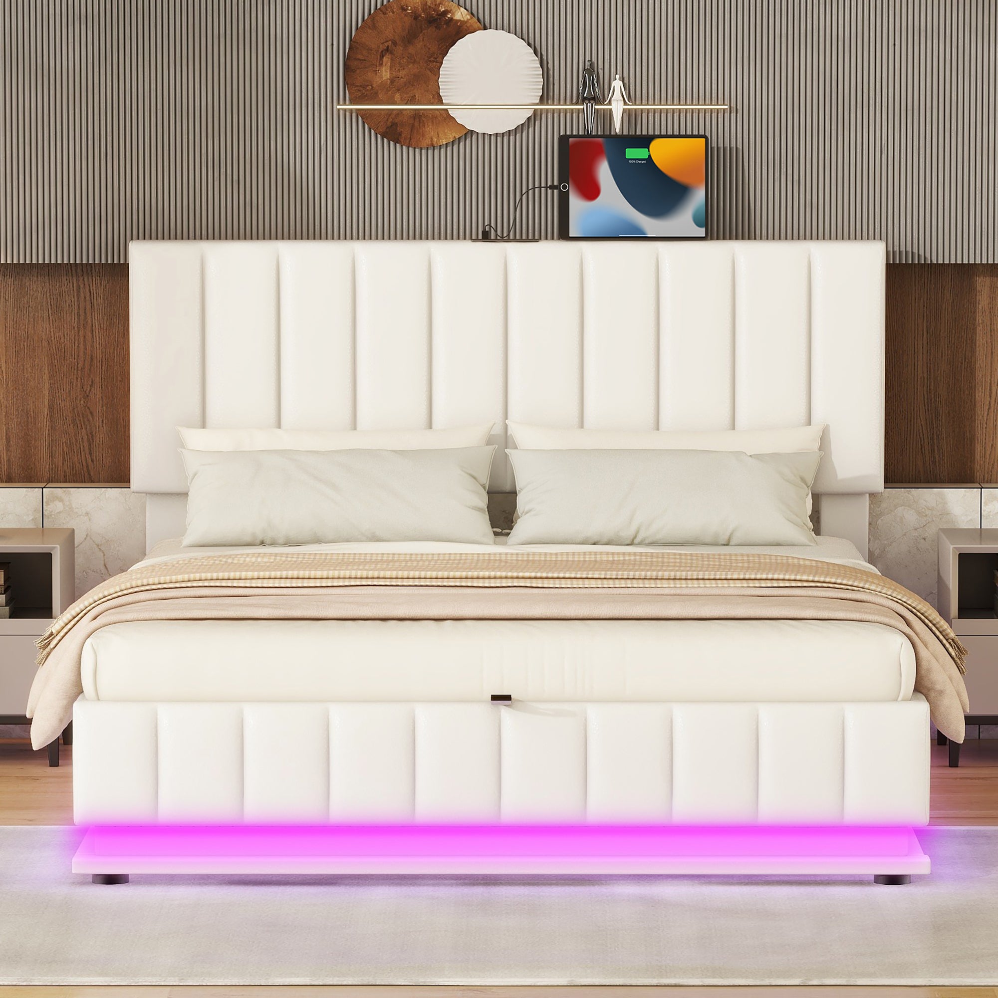 Queen Size Upholstered Bed with Hydraulic Storage System and LED Light, Modern Platform Bed with Sockets and USB Ports, White - Atlantic Fine Furniture Melbourne FL
