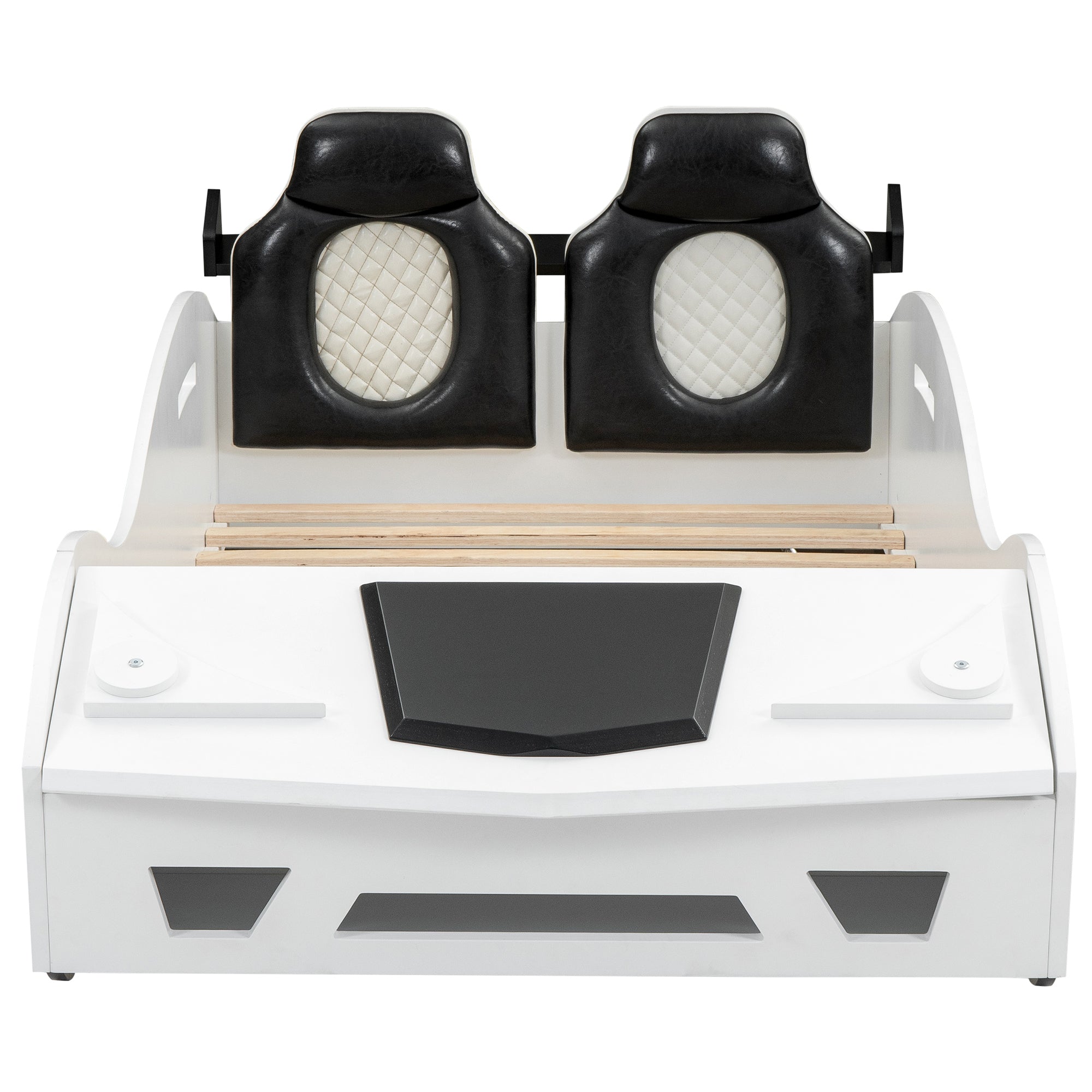 Twin Size Race Car-Shaped Platform Bed with Upholstered Backrest and Storage, White - Atlantic Fine Furniture Melbourne FL