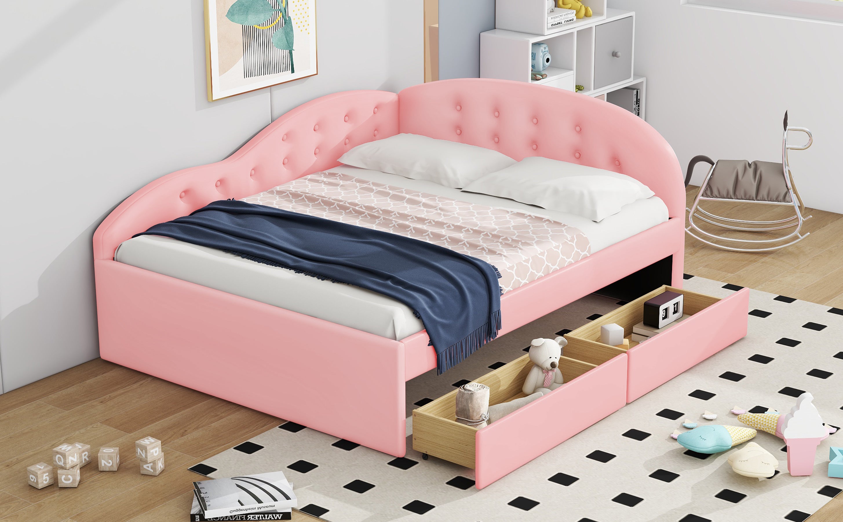 Full Size PU Upholstered Tufted Daybed with Two Drawers and Cloud Shaped Guardrail, Pink - Atlantic Fine Furniture Melbourne FL