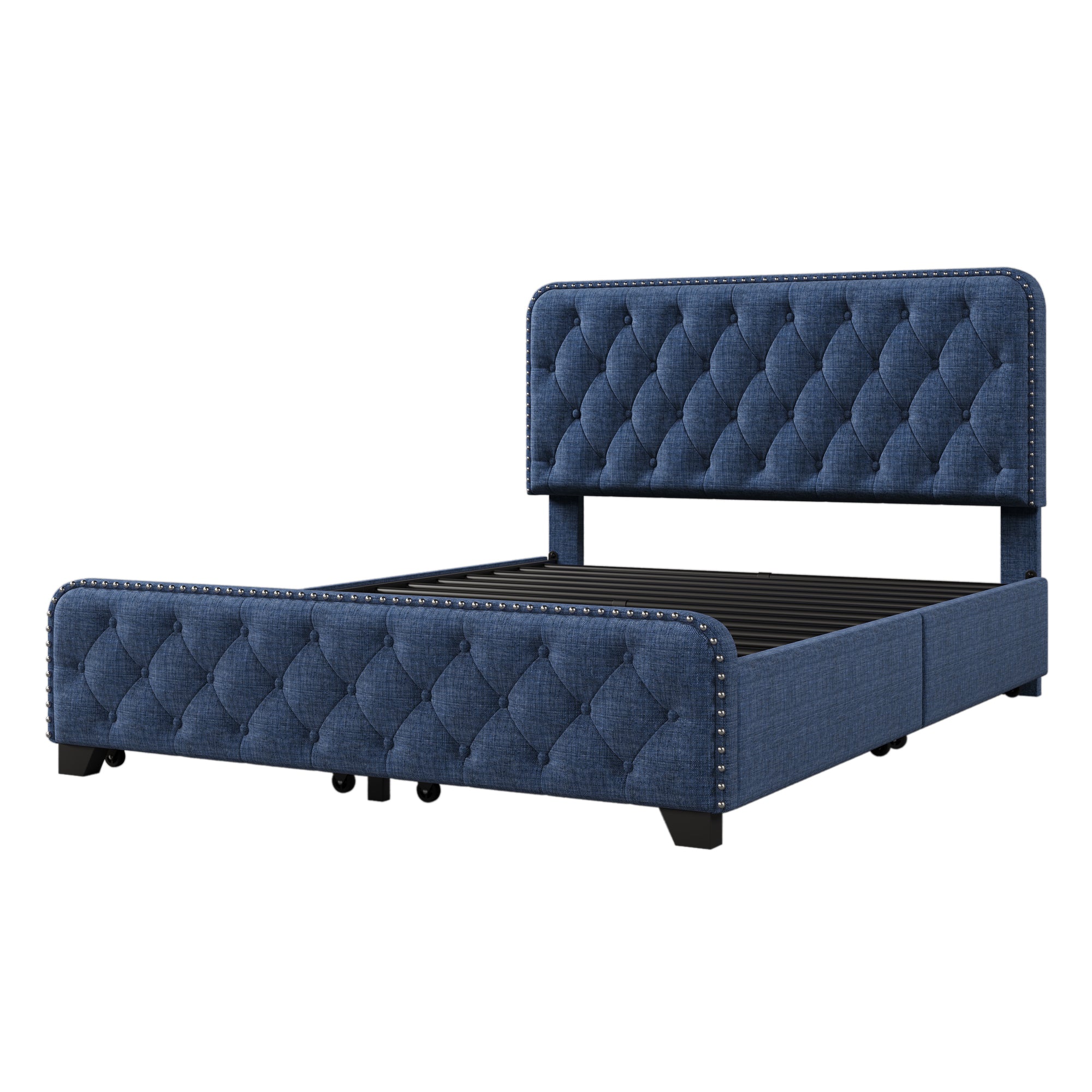 Upholstered Platform Bed Frame with Four Drawers, Button Tufted Headboard and Footboard Sturdy Metal Support, No Box Spring Required, Blue, Full (Old sku:BS300281AAC) - Atlantic Fine Furniture Melbourne FL