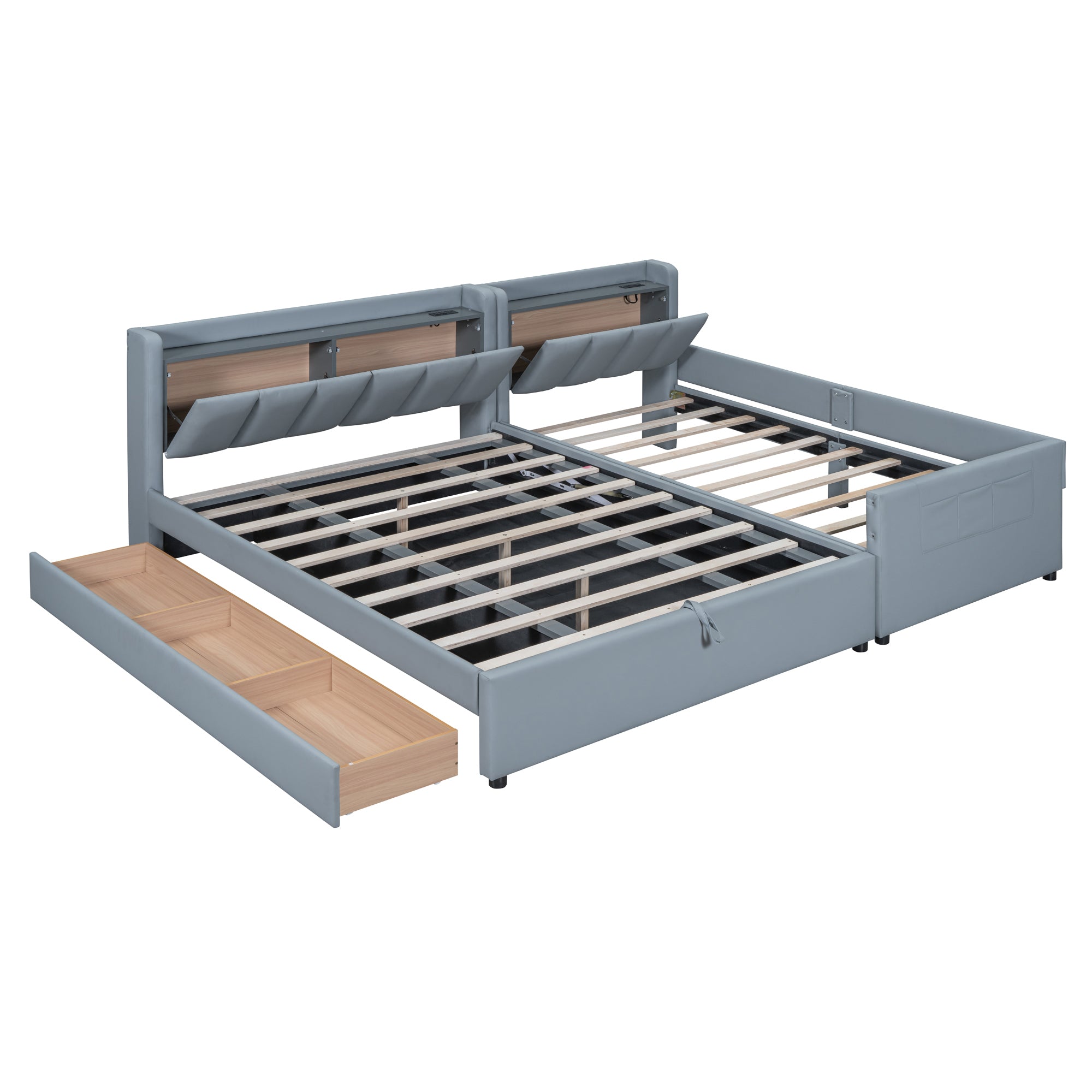 Queen Size & Twin XL Size Upholstered Platform Bed, Mother & Child Bed with Hydraulic Storage System, Drawer Box, Bedhead storage shelf and Two pairs of sockets & USB Ports, PU Leather, Gray - Atlantic Fine Furniture Melbourne FL