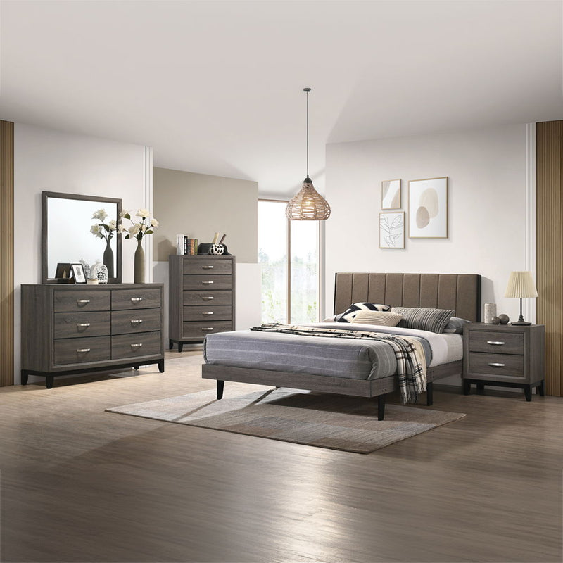 Valdemar - Queen Bed - Brown Fabric & Weatheted Gray Finish - Atlantic Fine Furniture Inc