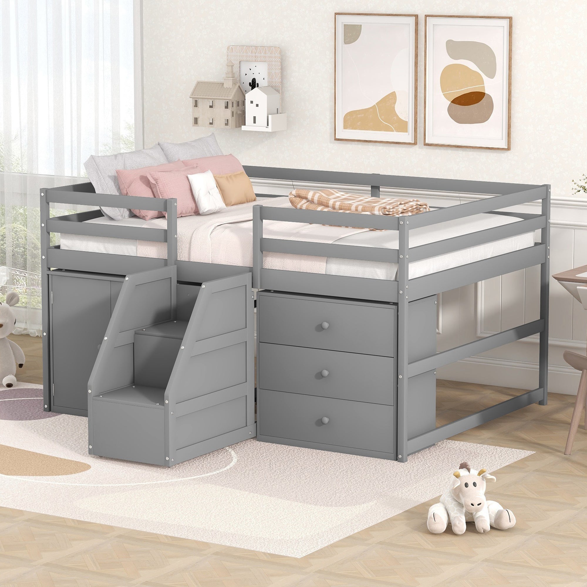 Full Size Functional Loft Bed with Cabinets and Drawers, Hanging Clothes at the back of the Staircase, Gray - Atlantic Fine Furniture Melbourne FL