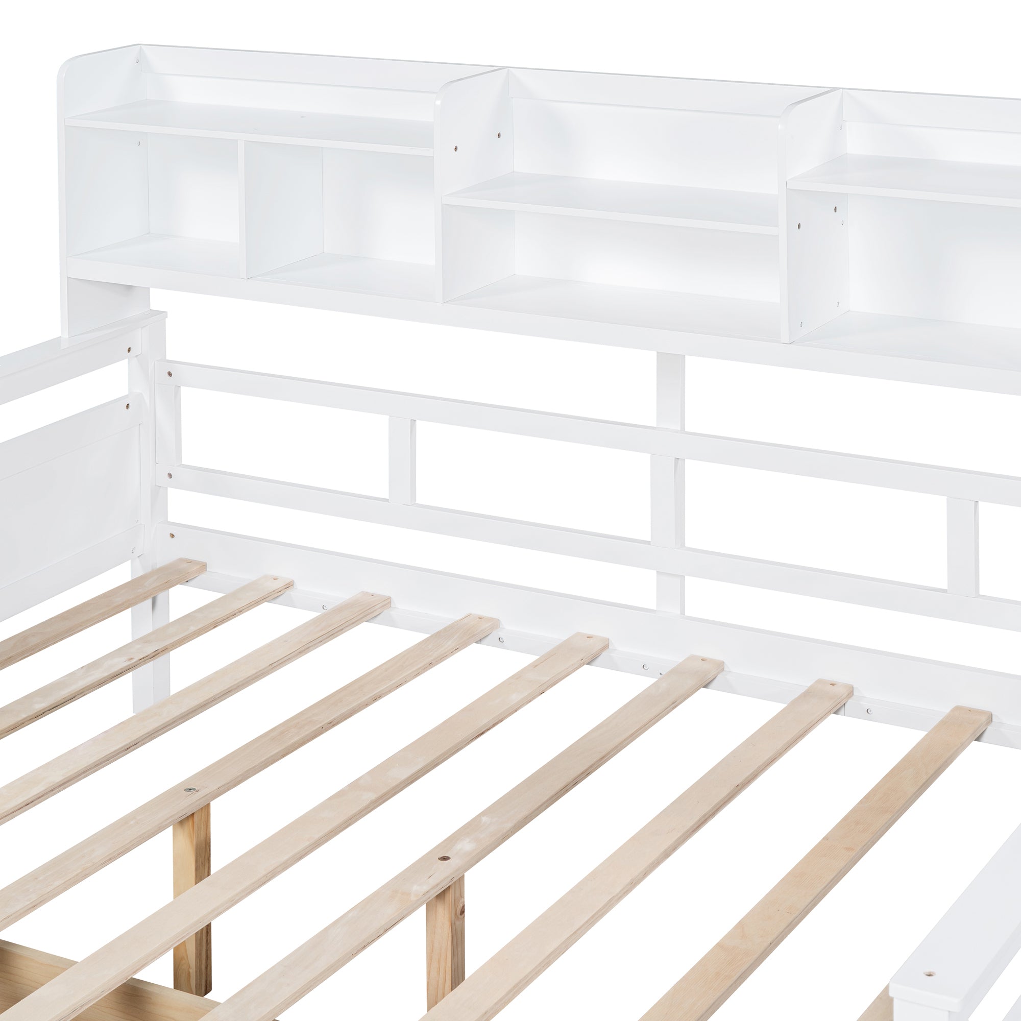 Full size Daybed, Wood Slat Support, with Bedside Shelf and Two Drawers, White - Atlantic Fine Furniture Melbourne FL