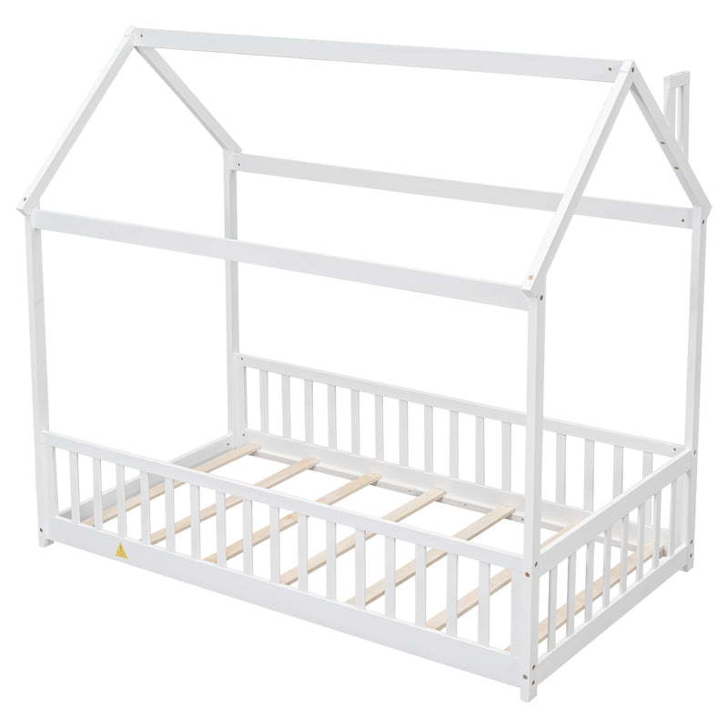 Twin House Bed with Guardrails, Slats ,White