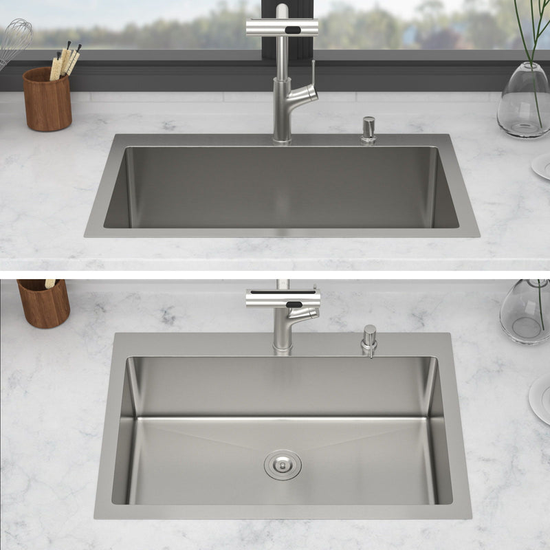 30" Single Bowl Drop In Kitchen Sink With Pull Out Faucet And Soap Dispenser - Brushed Nickel