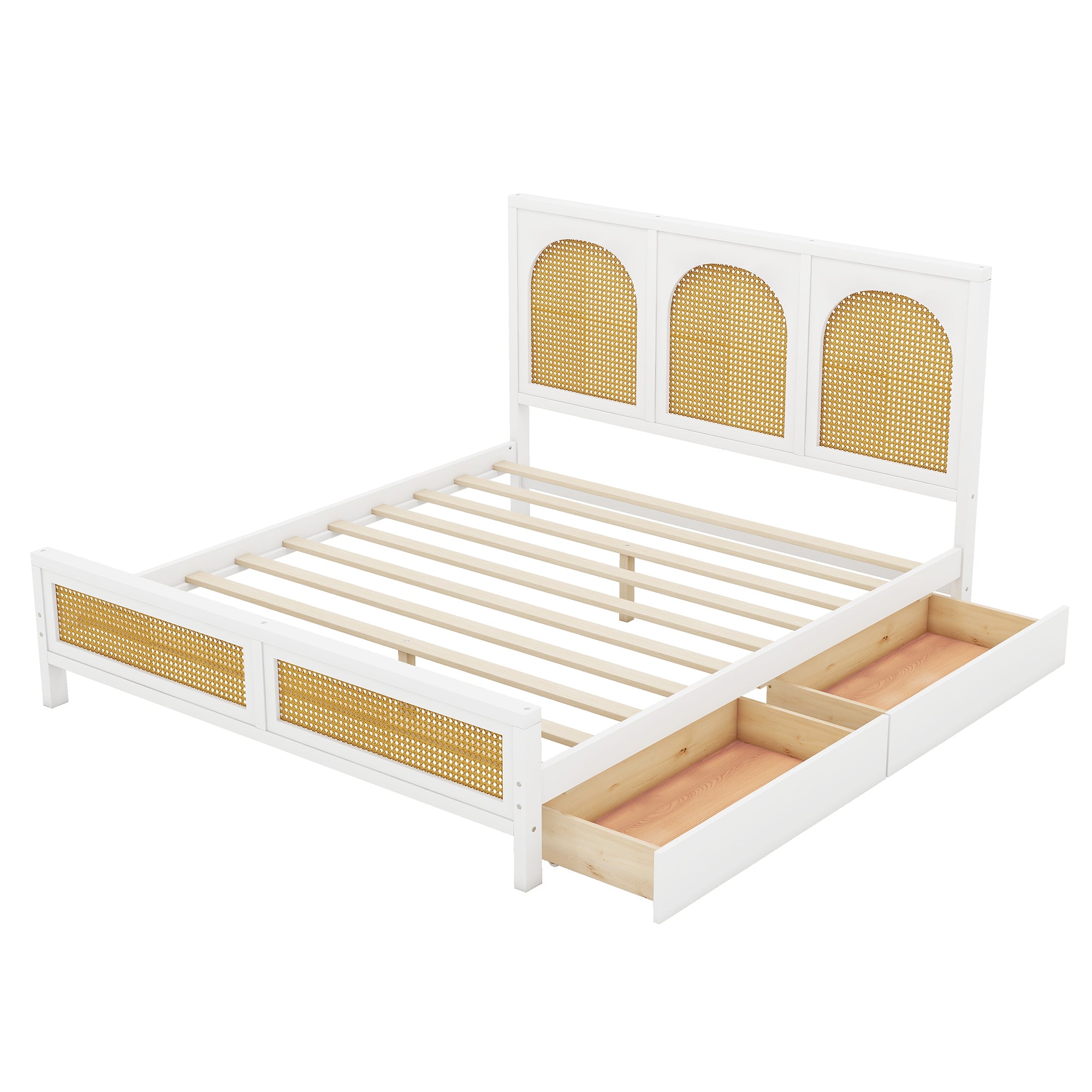 Queen Size Wood Storage Platform Bed with 2 Drawers, Rattan Headboard and Footboard, White - Atlantic Fine Furniture Melbourne FL