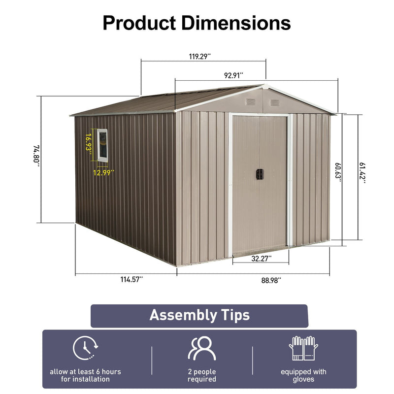 8Ft x 10Ft Outdoor Metal Storage Shed With Metal Floor Base, With Window - Gray