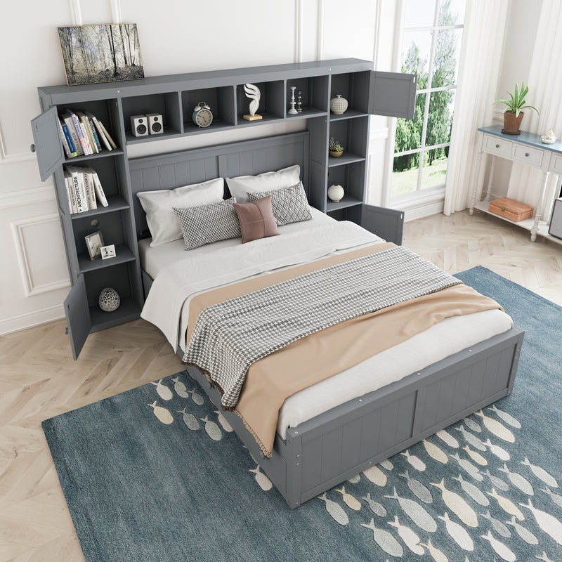 Elegant and Functional Full Size Wood Bed with 4 Drawers and All-in-One Cabinet and Shelf, Grey