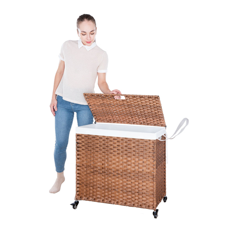 Laundry Hamper With Lid PE Rattan Powder Coating Frame Clothes Hampers With 2 Removable Bags