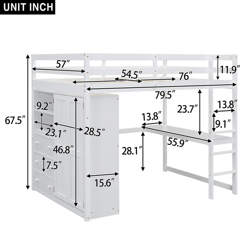 Wood Full Size Loft Bed with Built-in Wardrobe, Desk, Storage Shelves and Drawers, White