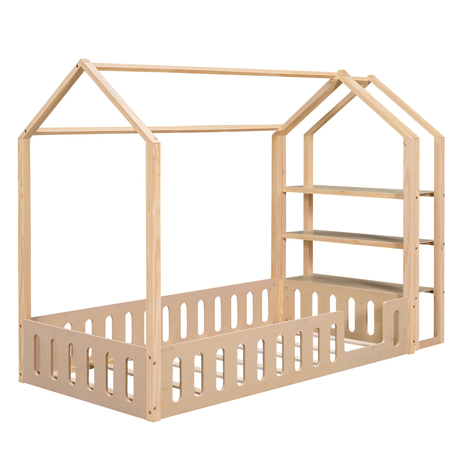 Twin Size Wood House Bed with Fence and Detachable Storage Shelves, Natural - Atlantic Fine Furniture Melbourne FL