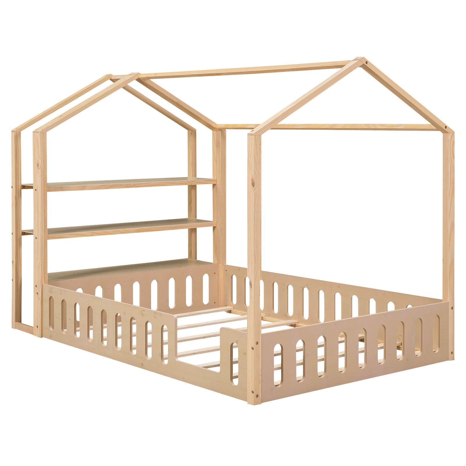 Full Size Wood House Bed with Fence and Detachable Storage Shelves, Natural