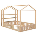Full Size Wood House Bed with Fence and Detachable Storage Shelves, Natural
