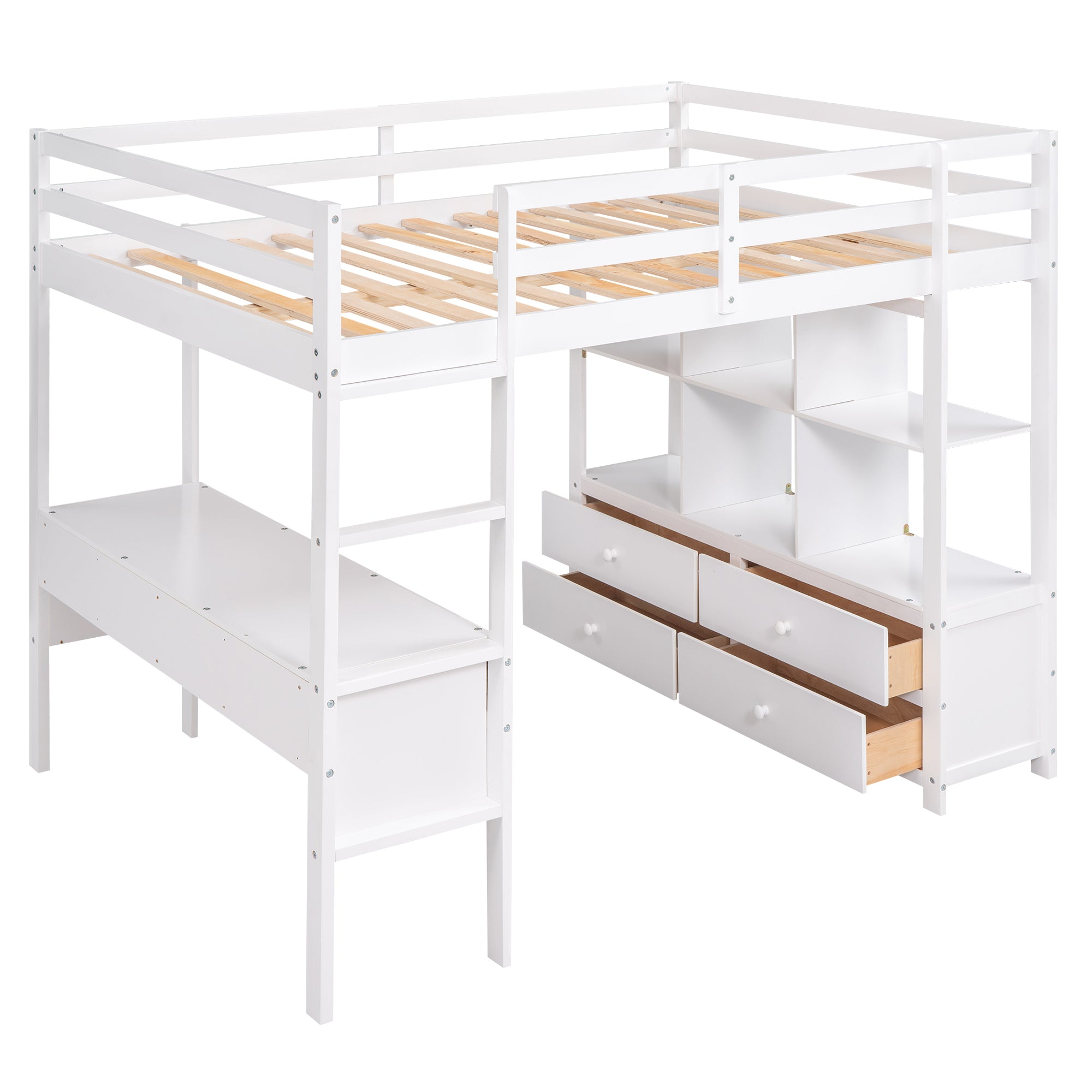 Full Size Loft Bed with Built-in Desk with Two Drawers, and Storage Shelves and Drawers,White