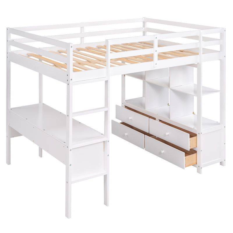 Full Size Loft Bed with Built-in Desk with Two Drawers, and Storage Shelves and Drawers,White