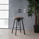 Rustic Metal Barstool With Wooden Seat - Black Brush Silver