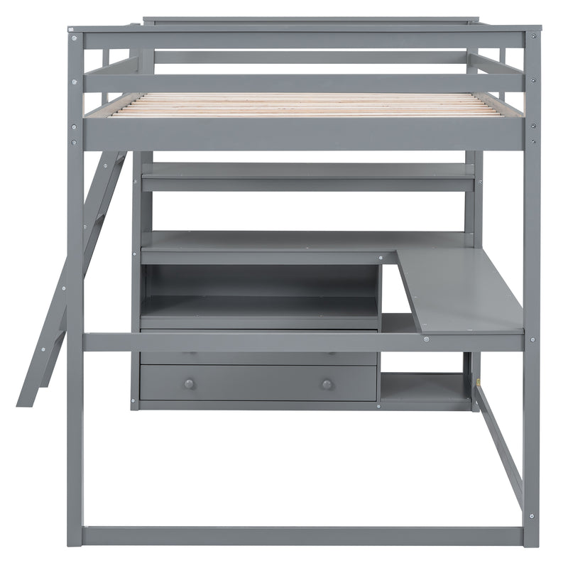 Full Size Loft Bed with Desk and Shelves,Two Built-in Drawers,Gray(Old SKU: GX000416AAE)