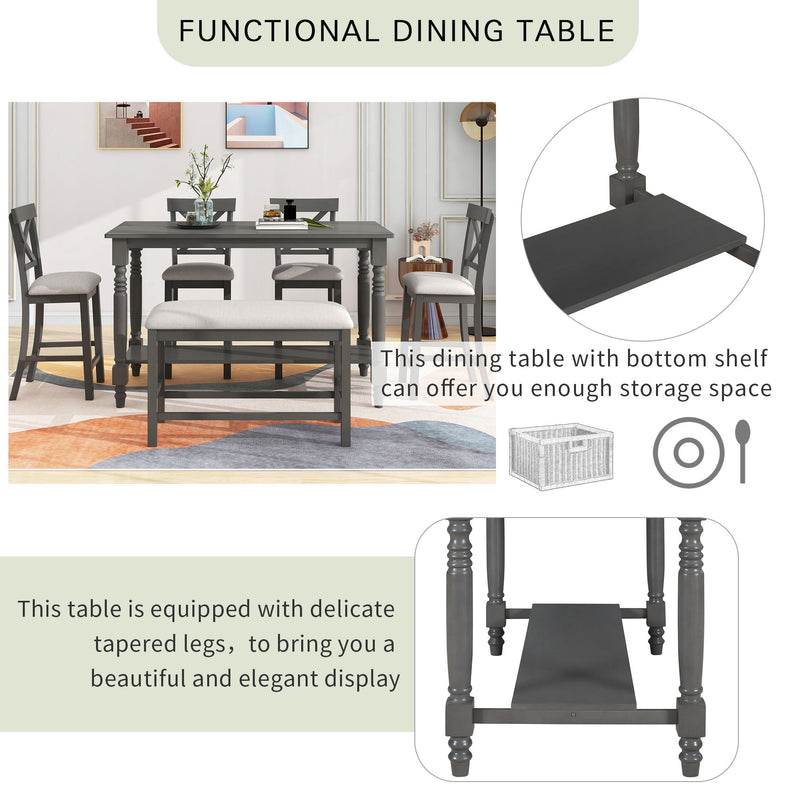 6 Piece Counter Height Dining Table Set With Shelf, 4 Chairs And Bench