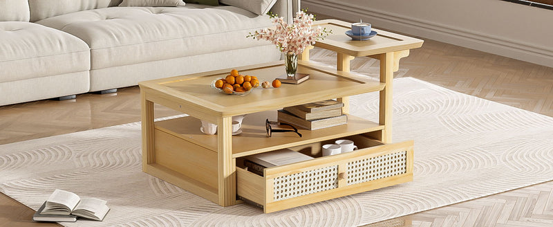 Coffee Table With 1 Storage Shelf, 2 Tabletops And 1 Rattan Drawer