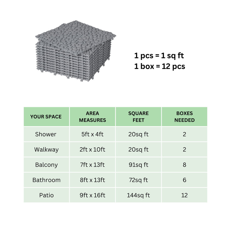 Interlocking Deck Tiles Plastic Waterproof Outdoor All Weather Anti-Slip Bathroom Shower Balcony Porch Strong Weight Capacity Upto 440 Lbs, Pebble Stone Pattern